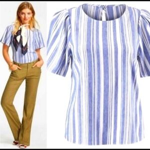 Cabi Wing Top Short Sleeve Blue & White Stripes Chambray Sz Small Casual